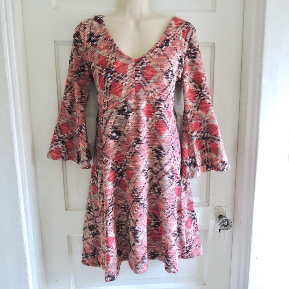 Anthro Maeve Red & Black Argyle Plaid Erina Bell Sleeve Dress XS *Fits S